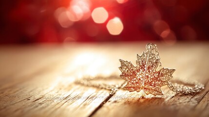 Glowing maple leaf pendant on rustic wood, warm sunlight and soft bokeh, embodying Canadian pride and serenity.