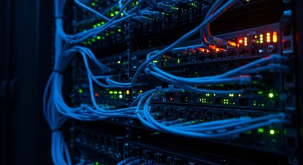 Complex Network Infrastructure Data Center Server Room with Extensive Cabling