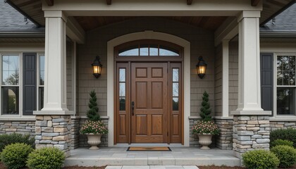 Inviting front entrance with a grand wooden door, stone accents, and decorative plants displayed.