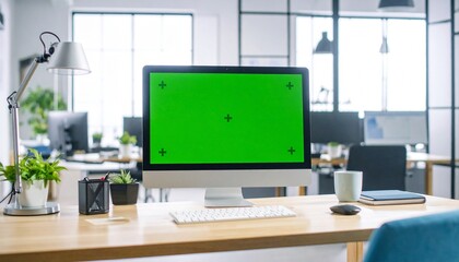 Desktop Computer with Mock-up Green Screen Standing on the Wooden Desk in the Modern Creative Office.