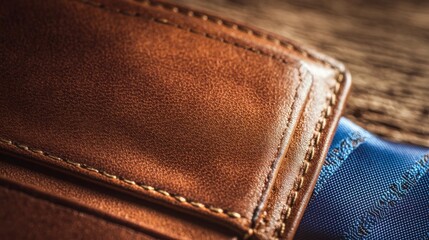 A classic leather wallet with blue tie detail on rustic wood, celebrating Father's Day with timeless craftsmanship and warmth.