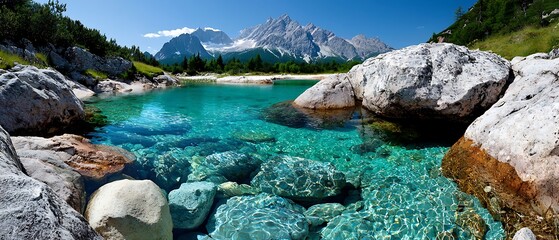 Sunlit Alpine Lake Surrounded by Rugged Peaks