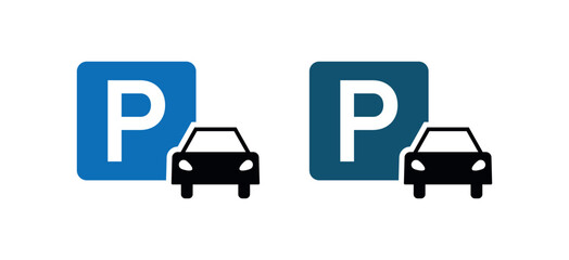 Parking Icon with Car Symbol, Blue P Sign, Vehicle Parking Spot Marker, Urban Transport UI Graphic, Roadway Navigation Vector, Transit Map Element, City Infrastructure Sign Illustration
