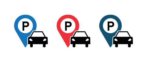 Parking Pin Icon with Car Symbol, Map Marker P Sign, Vehicle Parking Spot Illustration, Roadway Navigation UI,UX Graphic, Transit Map Vector, Urban Transport Location Marker Design