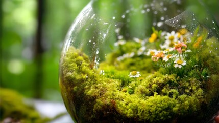 A vibrant earth-shaped terrarium with lush moss and wildflowers, celebrating nature's delicate beauty on World Environment Day