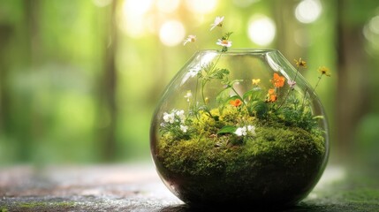 A vibrant earth-shaped terrarium with lush moss and wildflowers, celebrating nature's delicate beauty on World Environment Day