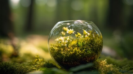 A vibrant earth-shaped terrarium with lush moss and wildflowers, celebrating nature's delicate beauty on World Environment Day