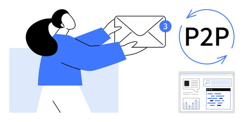 Person with envelope and notification, P2P concept with circular arrows, and data dashboard. Ideal for email delivery, messaging, notifications, peer exchange, communication, teamwork simple landing
