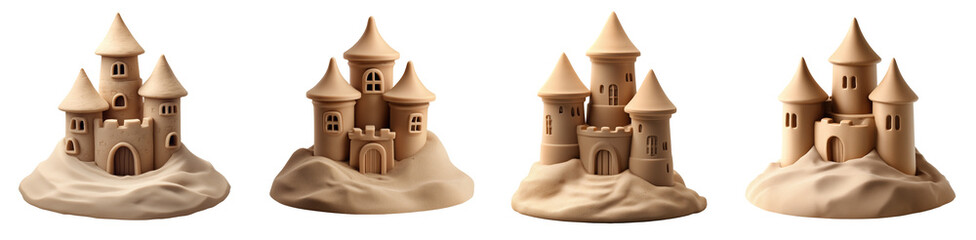PNG A carved sand castle with three cylindrical towers.