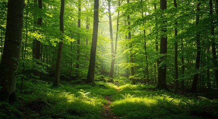 Obraz premium Sunlit Path Through Lush Green Forest Serene Nature Photography