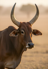 Close-up of a brown ox in a field