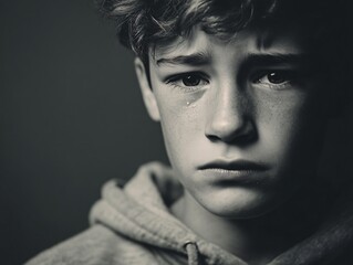 Obraz premium Emotion-filled portrait of a teenage boy with teary eyes studio photography dark environment close-up viewpoint