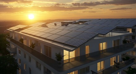 Building with Solar Panels at Sunset
