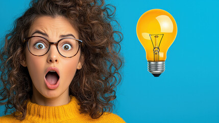 Amazed Young Woman with Curly Hair and Glasses Sees Glowing Lightbulb on Blue Background