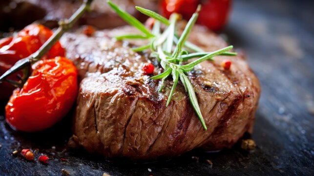 Juicy grilled beef steak with roasted tomato garnish, a savory feast for the senses