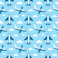 Seamless pattern for packaging and wrapping paper. Airplane and clouds on a blue background. Vector illustration. Print with transport for a gift bag. Ornament for wallpaper.