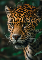 Obraz premium Close-up of a jaguar's head in a jungle setting