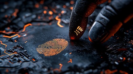Glowing Fingerprint Biometric Scan on Dark Surface