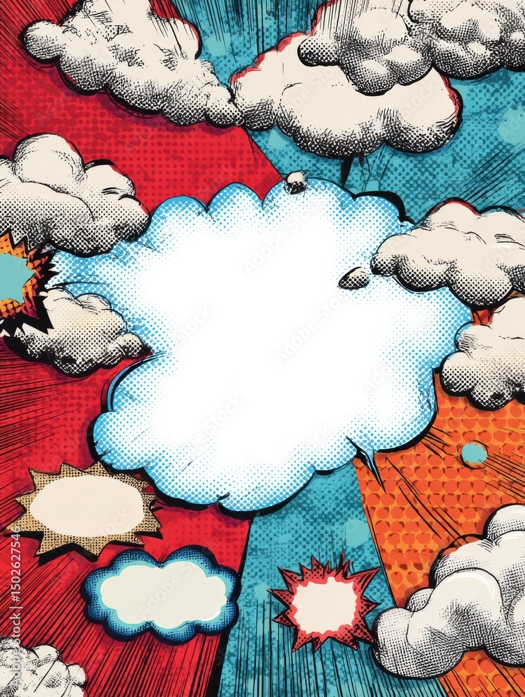 Poster comic-style sticker pack featuring dynamic clouds and explosions with a center zone ready for custom