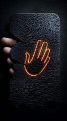 Glowing Orange Hand Icon on Dark Pixelated Phone Screen