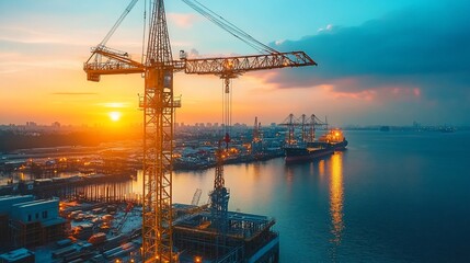 Obraz premium Golden Hour Construction: Cranes and Cargo Ships at Sunset