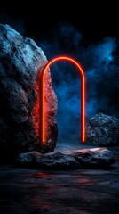 Glowing Red Neon Arch Between Dark Rocks and Blue Smoke