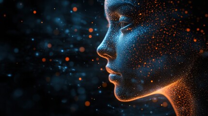 Abstract digital portrait of a woman composed of glowing particles against a dark cosmic ethereal dreamy backdrop