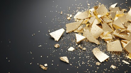 Abstract Texture Background of Shattered Gold Fragments and Dust on Dark Surface gold shattered dust