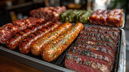 Grilled Gourmet Delights Assortment of Juicy Sausages and Sliced Beef Entrecote Steaks on a Metal Tray