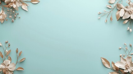 Elegant Gold and White Floral Frame with Glitter on Soft Blue Background floral frame gold white tea