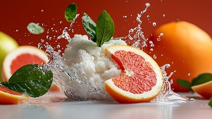Grapefruit and Water Splash Photography with Leaves