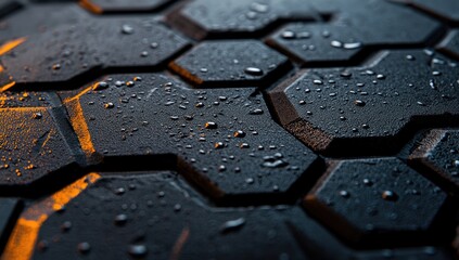 Close-up of a textured tire tread with water droplets