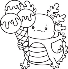 Outline of Illustration of cute axolotl activities icon.
Lineart of Funny pink axolotl in daily routine stickers.
