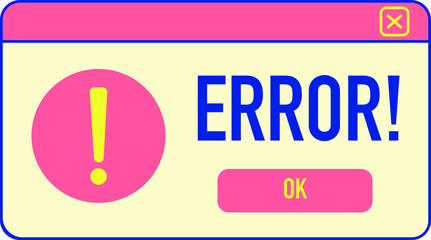 A vibrant set of retro-style user interface icons and window illustrations featuring file folders, loading bars, error messages, and media controls. Designed with playful colors such