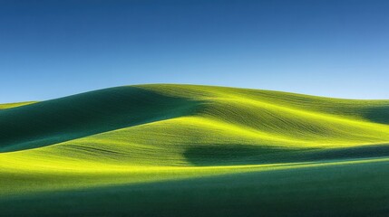 Obraz premium Green Undulating Hills under a Clear Blue Sky in a Serene Minimalist Style