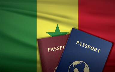 Senegal Passports with Flag of Senegal Background	