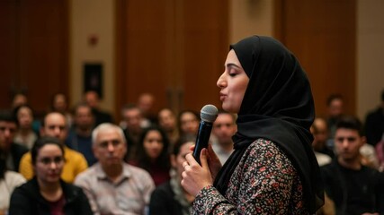 An inspiring speaker captivates a diverse audience with her message in a well-lit conference hall