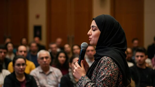 An inspiring speaker captivates a diverse audience with her message in a well-lit conference hall