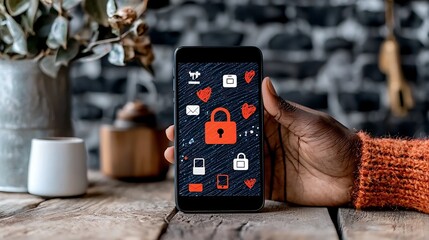 Hand Holding Smartphone Displaying Digital Security Icons