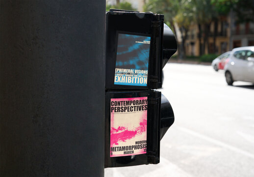 Two blank stickers are placed on a traffic light in Valencia.