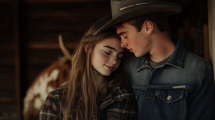 Young couple sharing a tender moment in a rustic barn during autumn sunset with a gentle ambiance
