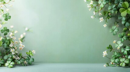 Green Clover and White Flowers Border on Soft Green Background with Copy Space clover green border
