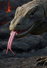 Obraz premium Close-up of Komodo dragon's head, tongue extended