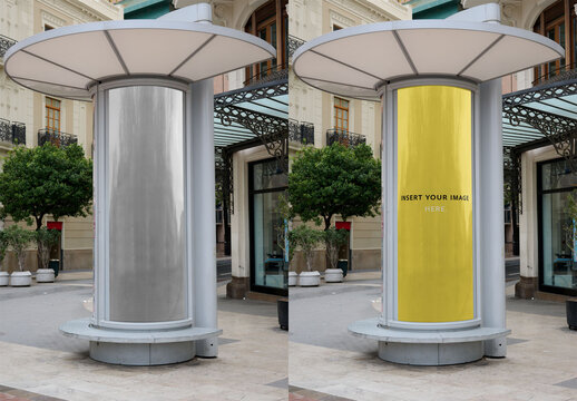 Modern Advertising circular kiosk Mockup in Valencia Spain