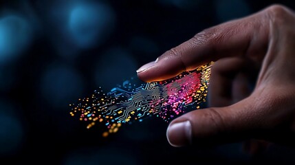 Hand Interacting with Colorful Digital Particles Floating Circuit Shapes
