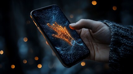 Hand Interacting with Glowing Digital Hand on Smartphone Screen at Night