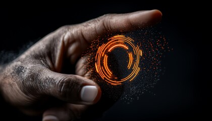 Hand Interacting with Glowing Orange Digital Circle on Dark Background