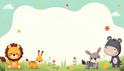 children's poster with smiling cartoon jungle animals and empty space