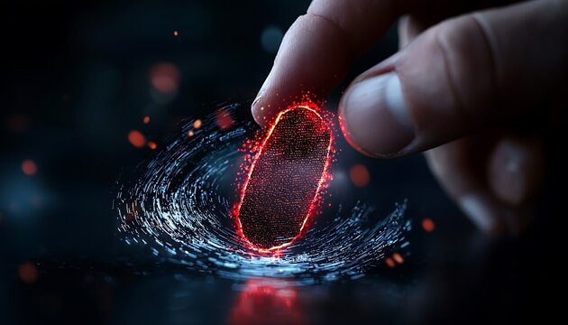 Hand Interacting with Glowing Red Biometric Scanner - Powered by Adobe