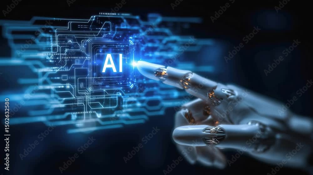 Poster a robotic hand interacts with a glowing ai interface, symbolizing advanced artificial intelligence t